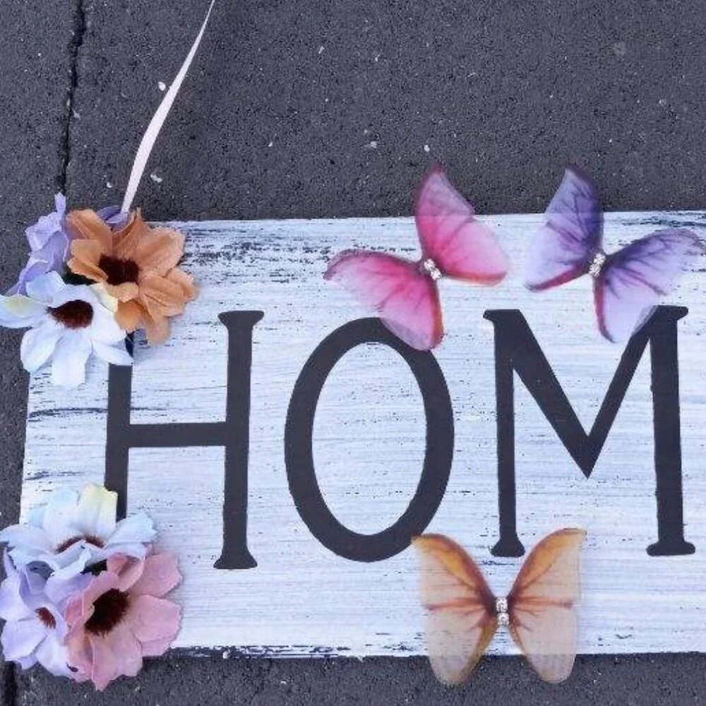 Wood HOME Sign Door Hanger Pastel Flowers Butterflies Wall Art Home Decor Gift
